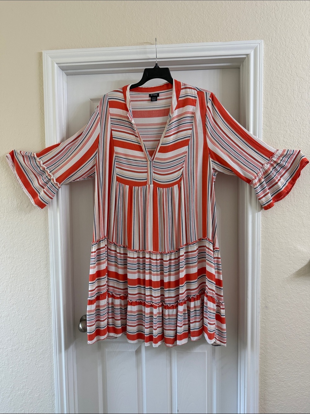 Vince Camuto Coral and White Striped V-Neck Boho Dress
